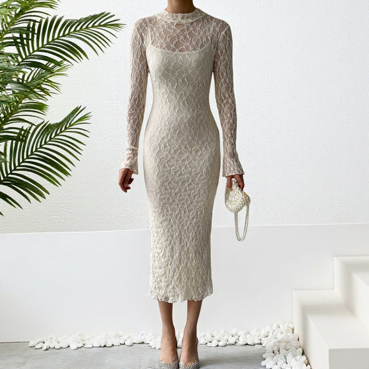 Damen Elegantes Kleid mit transparenten Spitzenärmel Drune