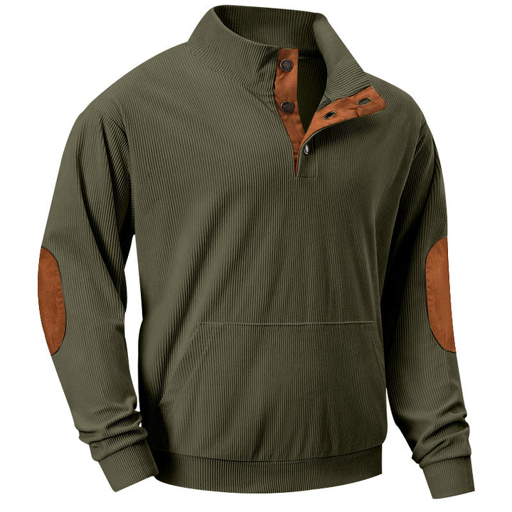 Herren nan geripptes Stehkragen-Sweatshirt mit Knopfleiste, Kängurutasche und Velours-Ellenbogenbesatz Drune