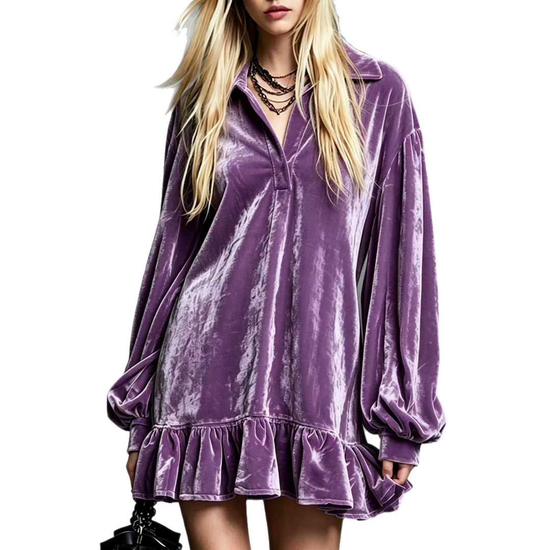 Damen Samt-Minikleid mit Volant-Saum, Ballonärmeln und Hemdkragen Drune