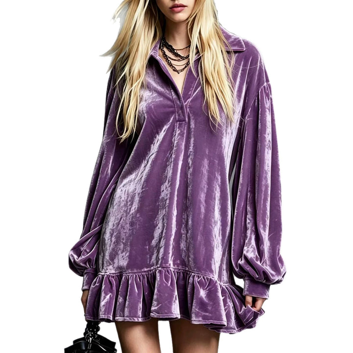 Damen Samt-Minikleid mit Volant-Saum, Ballonärmeln und Hemdkragen Drune