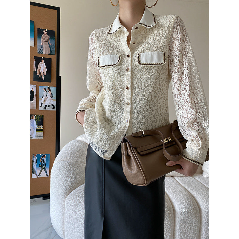 Damen Elegante Spitzenbluse mit Kontrastdetails Drune