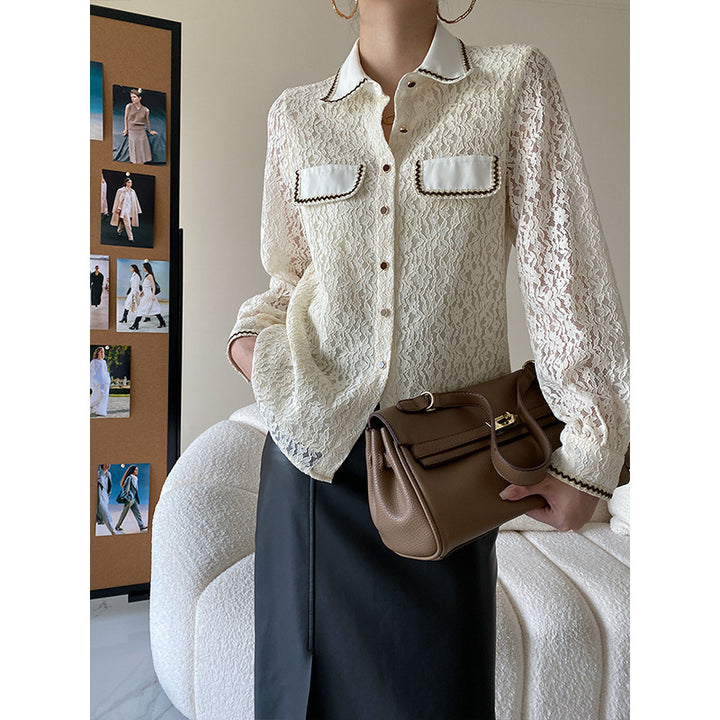 Damen Elegante Spitzenbluse mit Kontrastdetails Drune