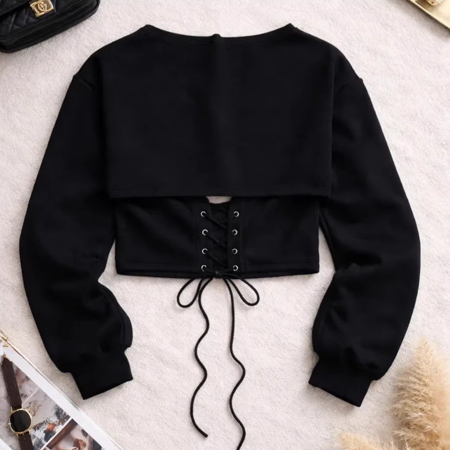 Damen Sportliches cropped Sweatshirt mit Schnürung Drune