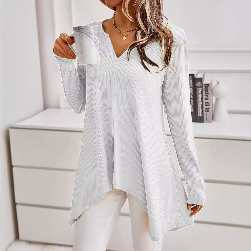 Damen Ripp Longsleeve Tunika mit V-Ausschnitt und asymmetrischem Haifischsaum Drune