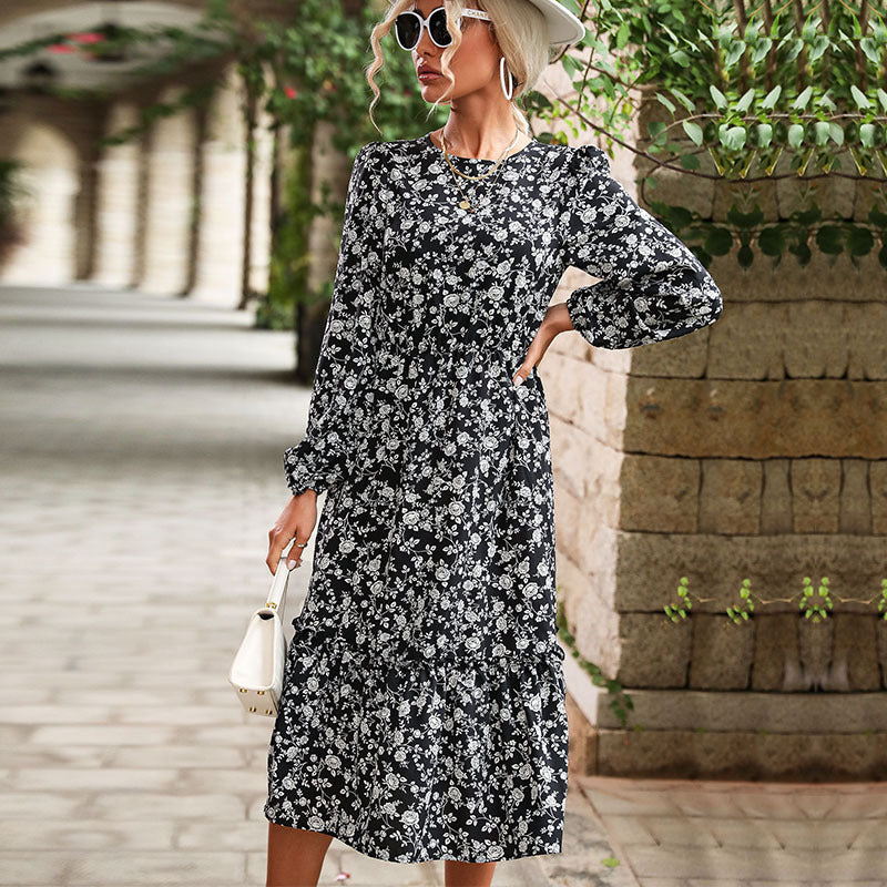Damen Midikleid mit taillierter Silhouette, Perlen-Schnallen-Gürtel und Stufenrock Drune