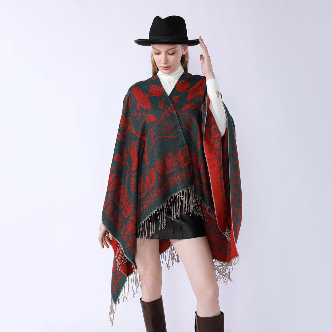 Damen Jacquard-Poncho im Oversize-Kaftan mit floraler und Vogelornamentik Drune