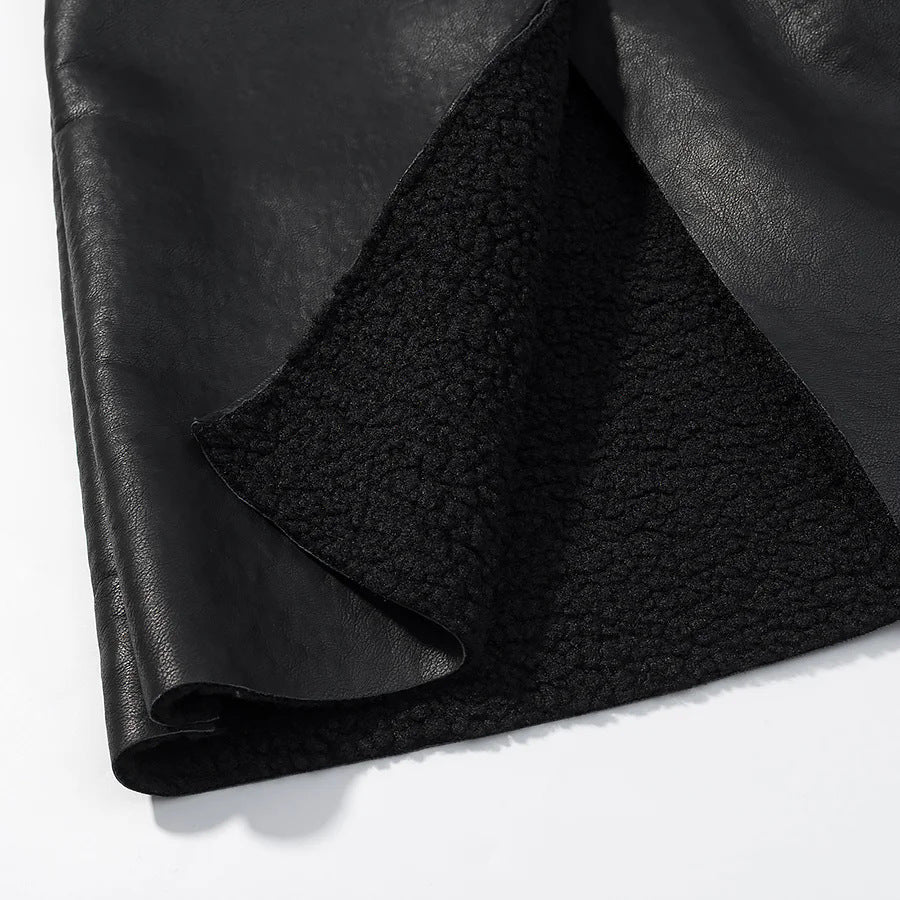 Damen nan langer Kunstleder‑Mantel mit Teddyfutter, weitem Schalkragen und Bindegürtel Drune