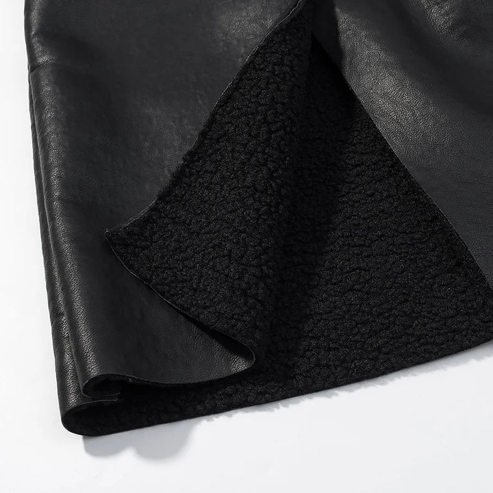 Damen nan langer Kunstleder‑Mantel mit Teddyfutter, weitem Schalkragen und Bindegürtel Drune