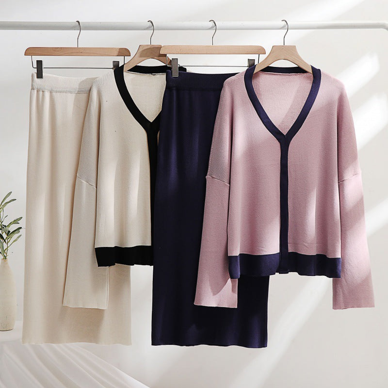 Damen elegantes Strick-Kombinationsset mit tiefem V-Ausschnitt und Kontrastdetails Drune
