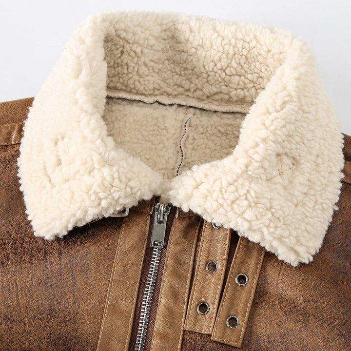 Herren Vintage Lammfell Fliegerjacke mit Kapuze und Teddyfutter Drune