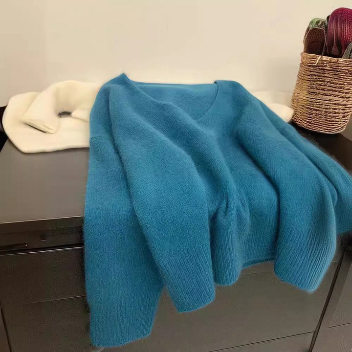 Damen Eleganter V-Ausschnitt Pullover mit Rippstruktur und lässigem Schnitt Drune