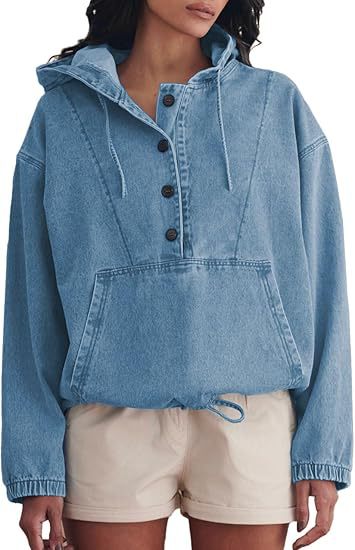 Damen Jeans-Halbanorak mit Kapuze, Kängurutasche und Tunnelzug Drune