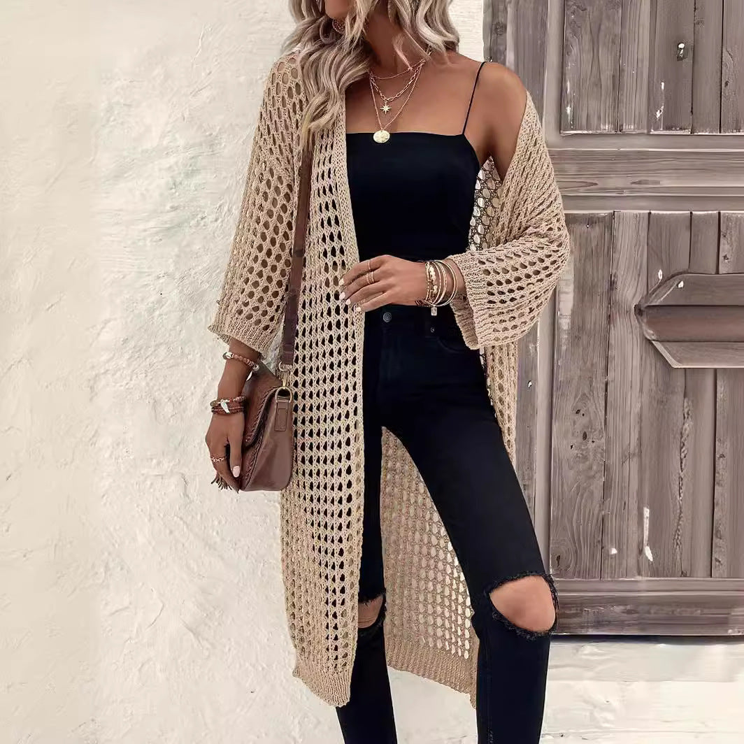 Damen Luftige Häkeljacke mit offenem Design und weiten Ärmeln Drune
