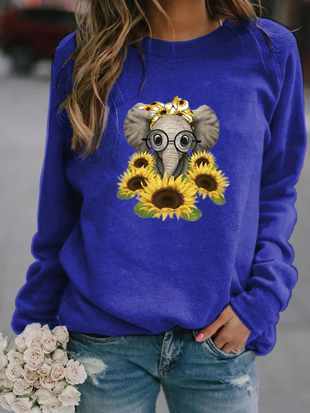 Damen-Sweatshirt mit Elefantenprint, Sonnenblumenmotiv und weichem Fleece Drune
