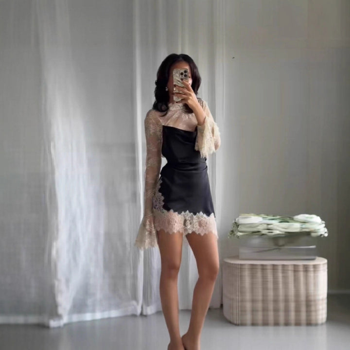 Damen elegantes Spitzen- und Seidenkleid Drune