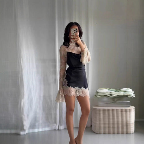 Damen elegantes Spitzen- und Seidenkleid Drune