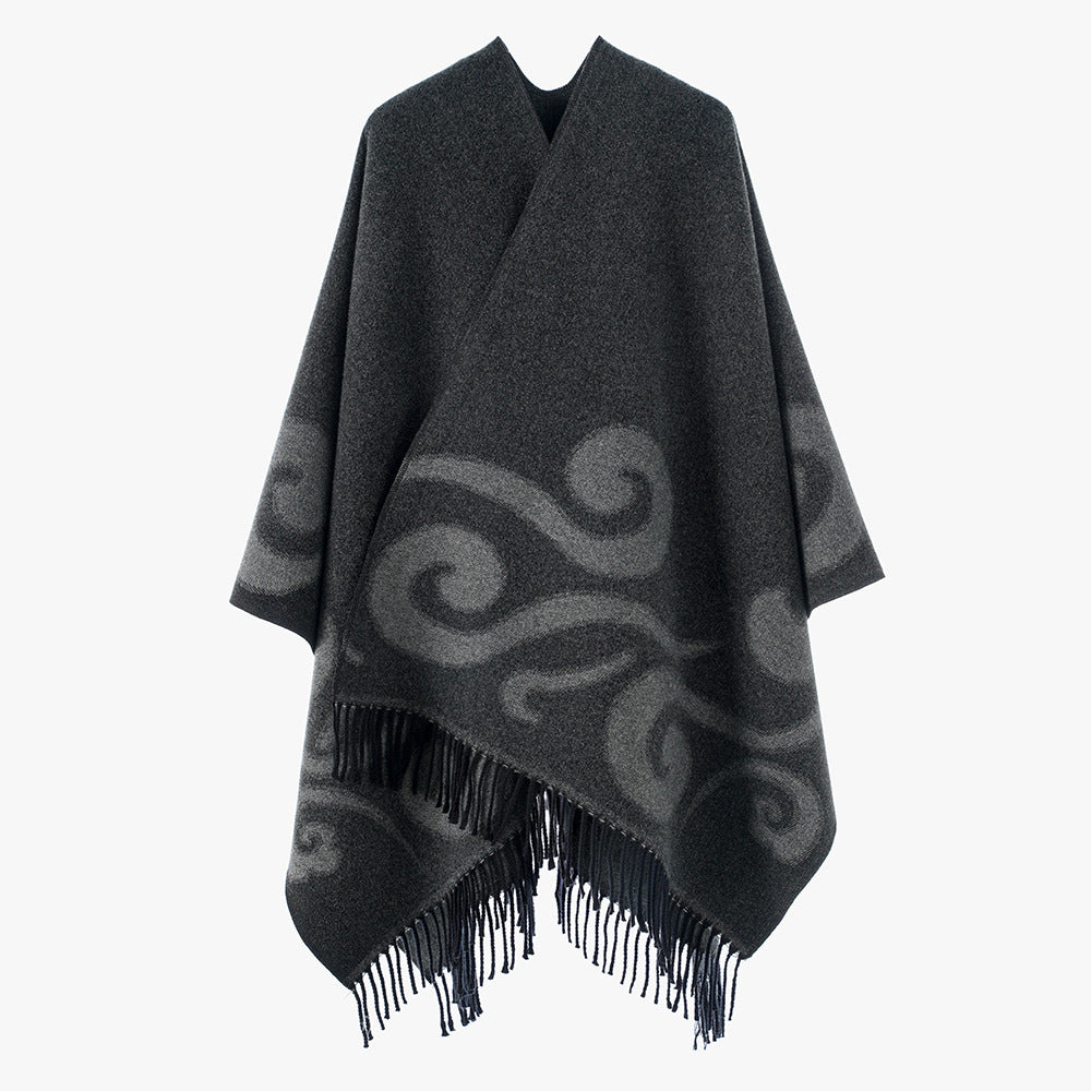 Damen Wollmix-Poncho mit Jacquard‑Wirbelmuster, V-Ausschnitt und Fransen Drune