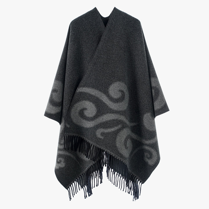 Damen Wollmix-Poncho mit Jacquard‑Wirbelmuster, V-Ausschnitt und Fransen Drune
