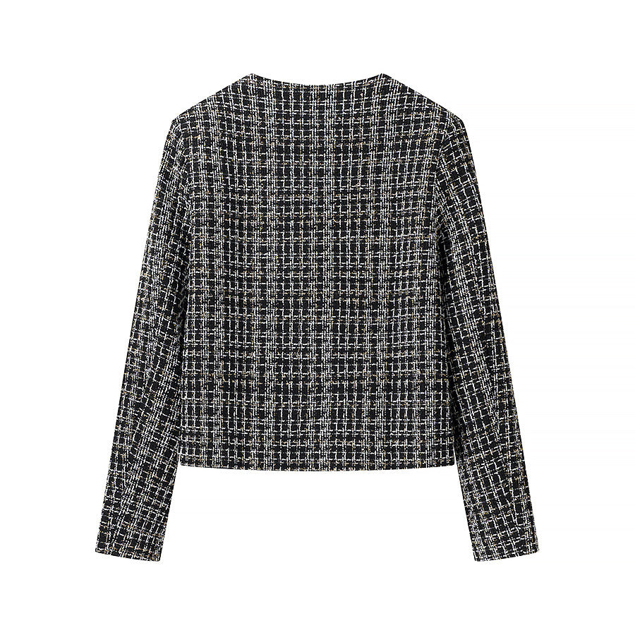 Damen nan kastige Bouclé-Tweedjacke mit rundem Ausschnitt goldfarbenen Zierknöpfen und aufgesetzten Taschen Drune