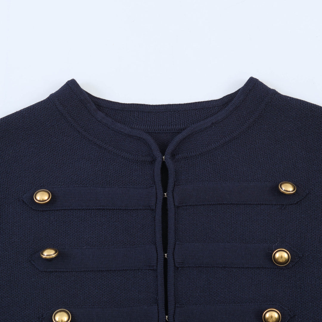 Damen nan military-inspirierte Kurzjacke mit runder Halslinie, taillierter Silhouette und goldfarbenen Zierknöpfen Drune