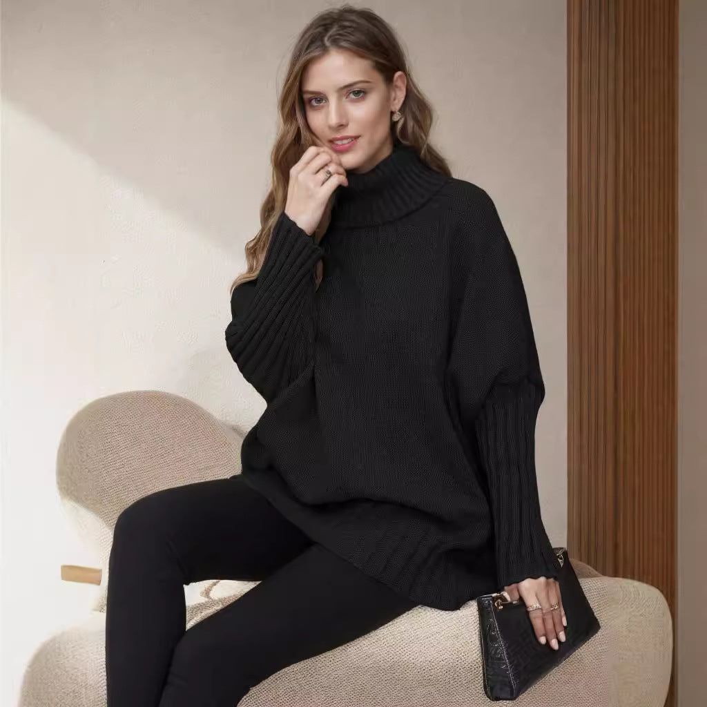 Damen Oversized Strickpullover mit hohem Kragen und voluminösen Ärmeln Drune