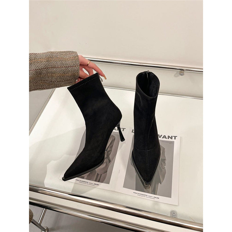 Damen Spitz zulaufende Ankle-Boots aus Veloursoptik mit sockenhaftem Schaft und schlankem Stiletto-Absatz Drune