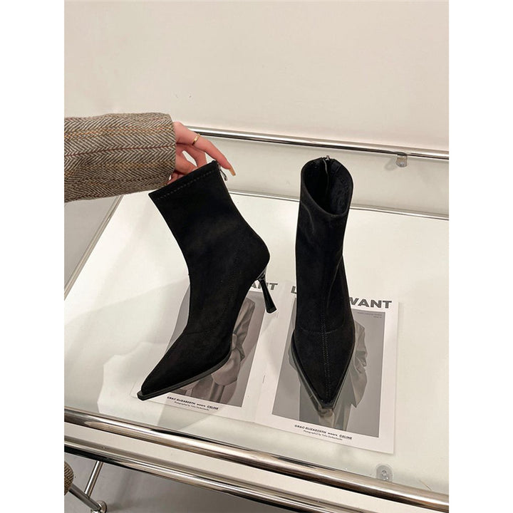 Damen Spitz zulaufende Ankle-Boots aus Veloursoptik mit sockenhaftem Schaft und schlankem Stiletto-Absatz Drune