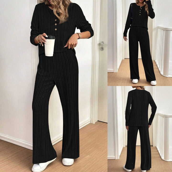 Damen Geripptes Lounge-Zweiteiler mit Henley-Top und weiter Palazzohose Drune