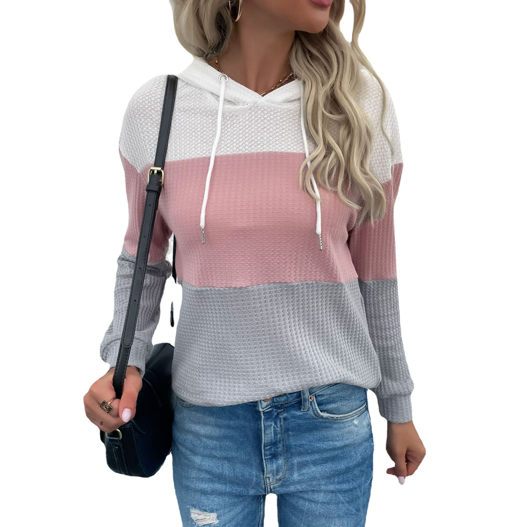 Damen Lässiger Strick-Hoodie mit Colorblock, Kordelzug und feinem Waffelmuster Drune