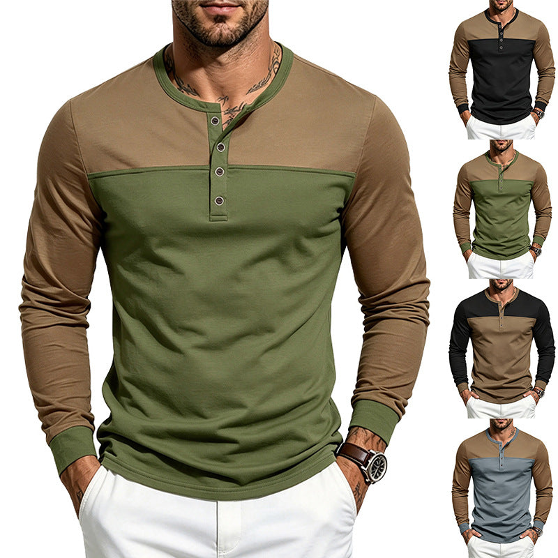 Herren Slim-Fit Henley-Langarmshirt mit kontrastiertem Einsatz und Knopfleiste Drune