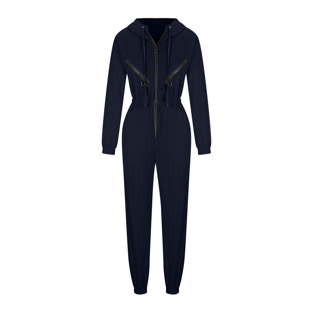 Damen taillierter Kapuzen-Jumpsuit mit elastischem Bund und markanten Kontrast-Reißverschlüssen Drune
