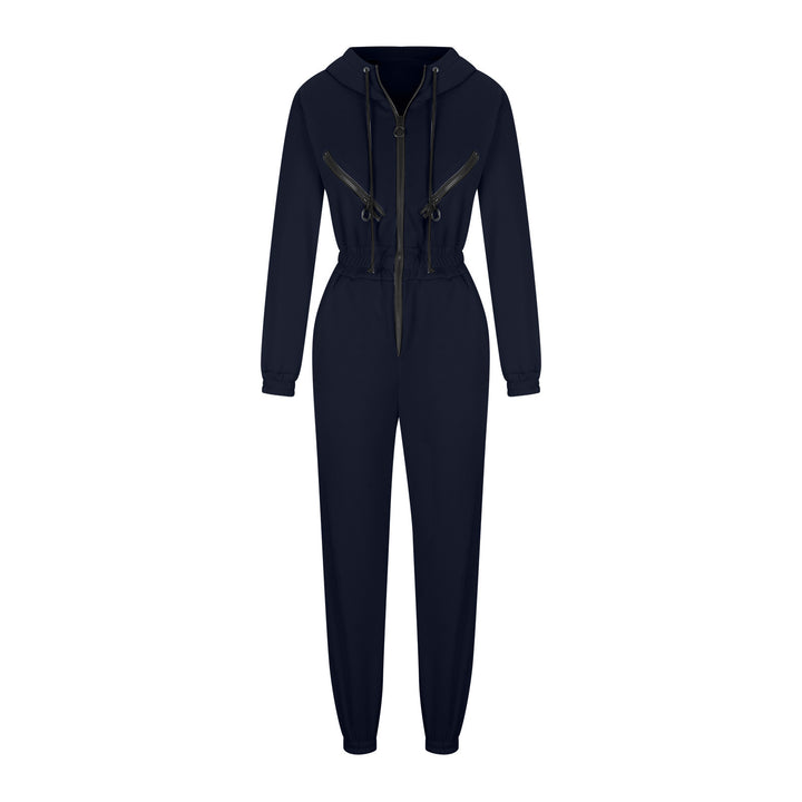 Damen taillierter Kapuzen-Jumpsuit mit elastischem Bund und markanten Kontrast-Reißverschlüssen Drune