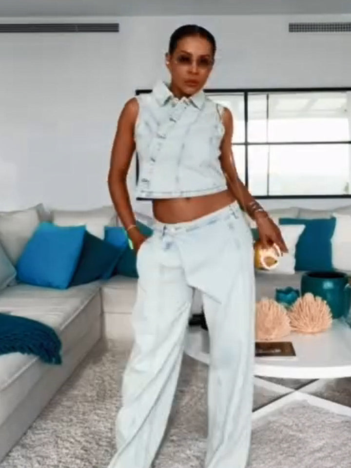 Damen Gekürztes ärmelloses Denim-Set mit taillierter Weste & weiter High-Waist-Hose Drune