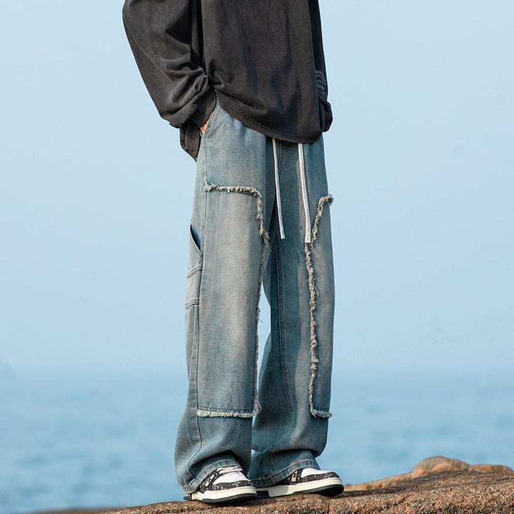 Herren Weite Denim-Cargohose mit Fransen-Patchtaschen und Tunnelzugbund Drune