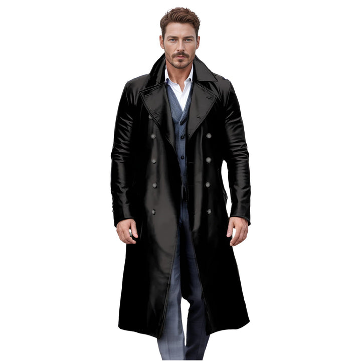 Herren Langer glänzender Kunstleder-Trenchcoat mit Doppelreiher und markantem Revers Drune