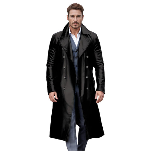 Herren Langer glänzender Kunstleder-Trenchcoat mit Doppelreiher und markantem Revers Drune