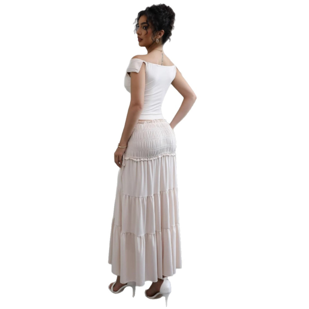 Damen Off-Shoulder Maxikleid mit gerafftem Rock und romantischem Design Drune