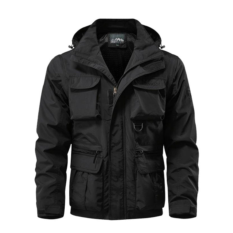 Herren Multifunktionale Fieldjacke mit Kapuze wasserabweisendem Shell und Organizer-Taschen Drune