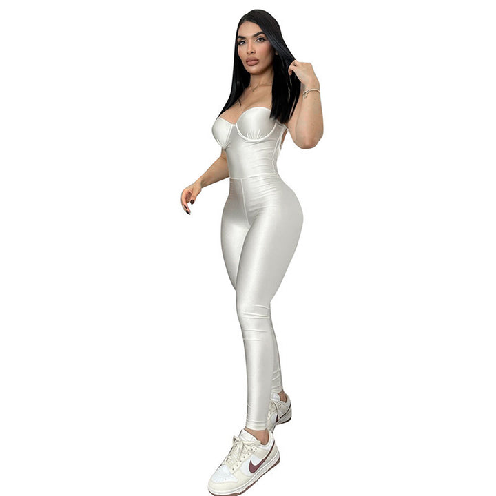 Damen Figurbetonter Jumpsuit mit trägerlosem Design und glänzender Oberfläche Drune