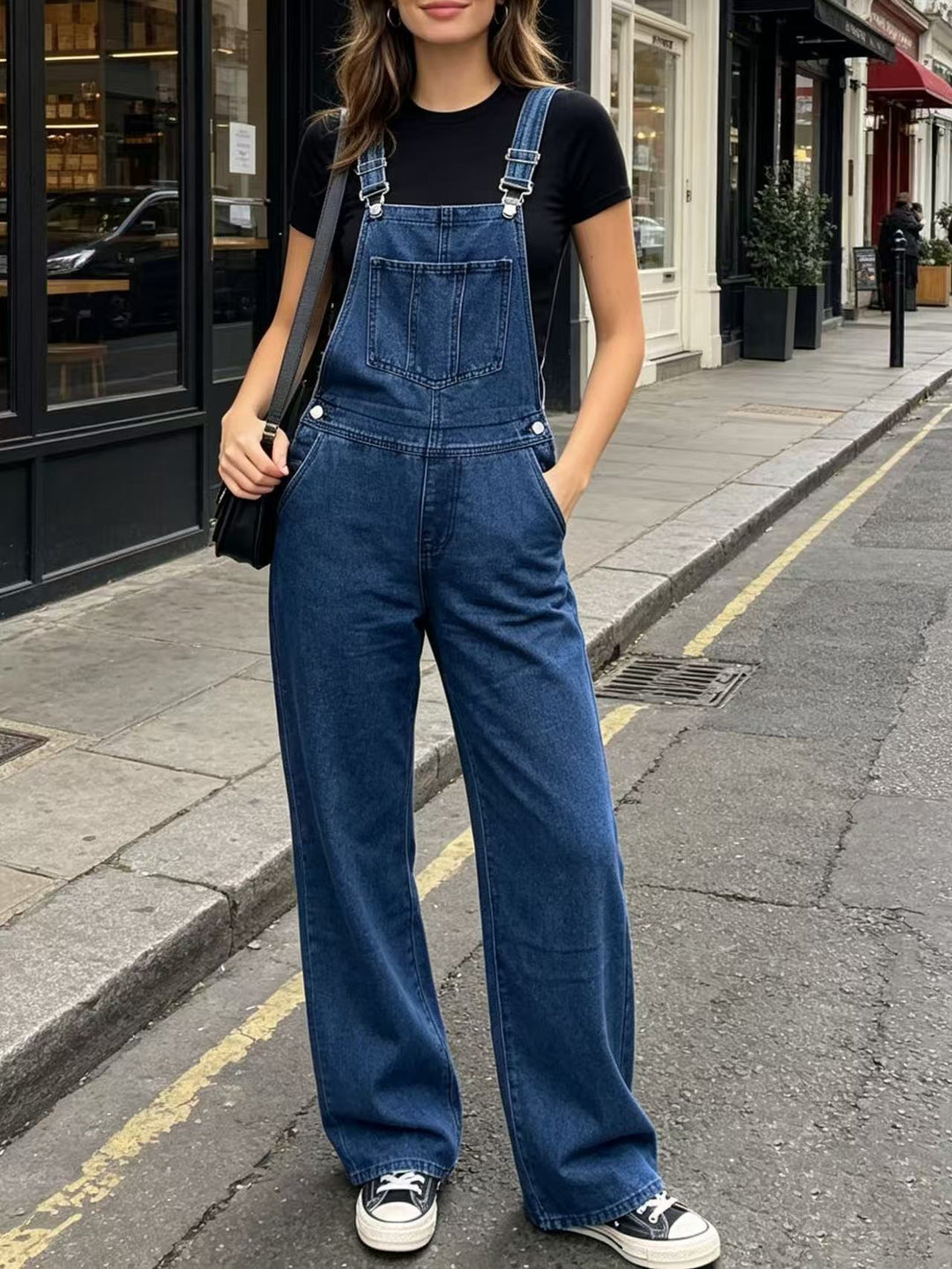 Damen nan weite Denim-Latzhose mit hoher Taille, verstellbaren Trägern und lässigem Schlag Drune