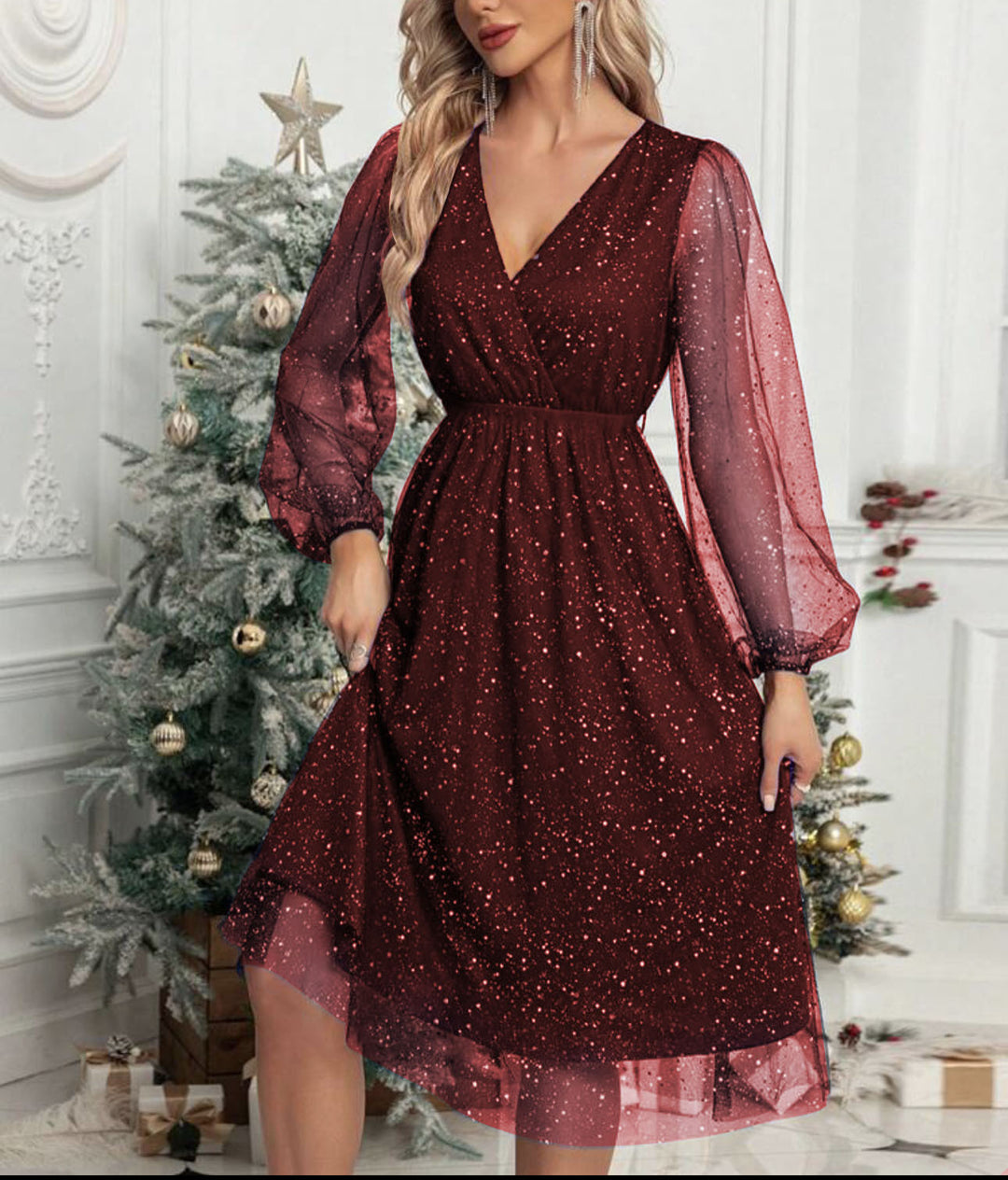 Damen Festliches Midikleid aus Glitzer‑Chiffon mit V‑Ausschnitt, tailliertem Gummibund und Ballonärmeln Drune