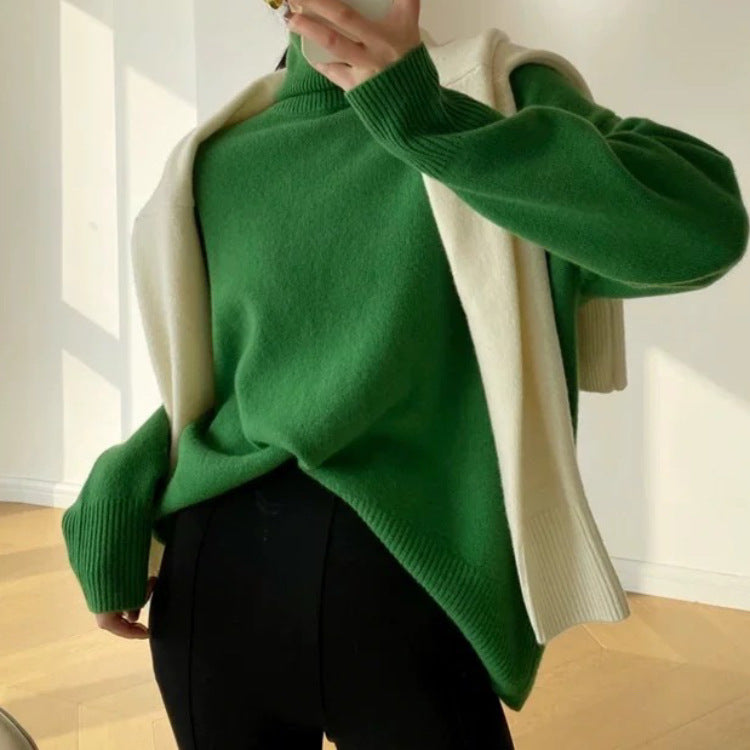 Damen Oversize Feinstrickpullover mit hohem Rollkragen und Seitenschlitzen Drune