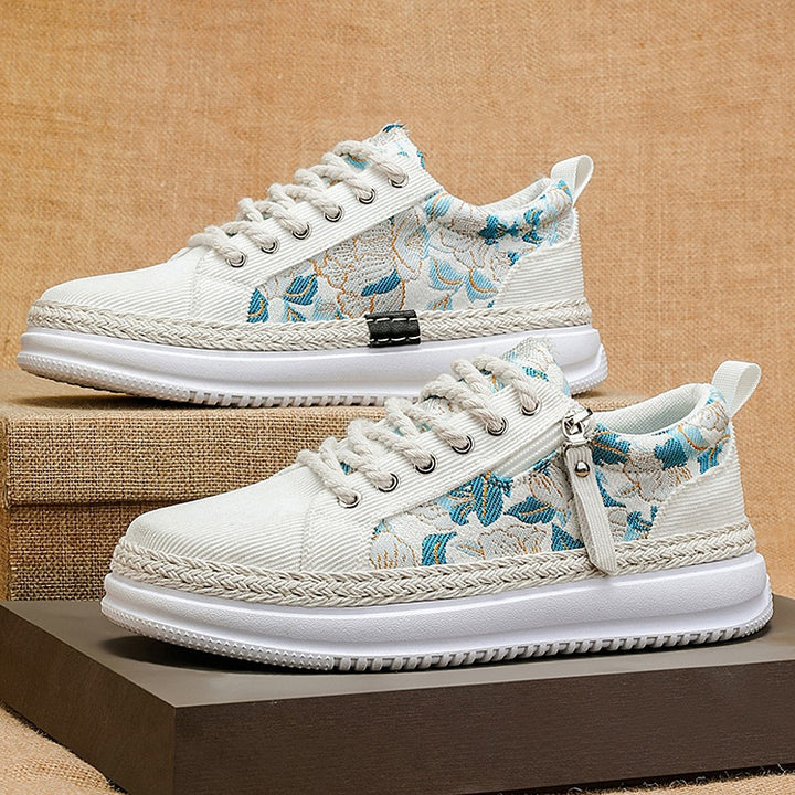 Damen gestickte Espadrille-Plateau-Sneaker mit floralem Jacquard, geflochtener Kordelsohle und gepolstertem Innenfutter Drune