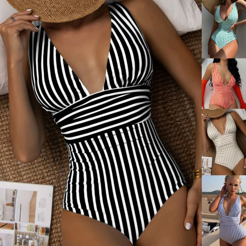 Damen Eleganter V-Ausschnitt Einteiler mit gestreiftem Design Drune