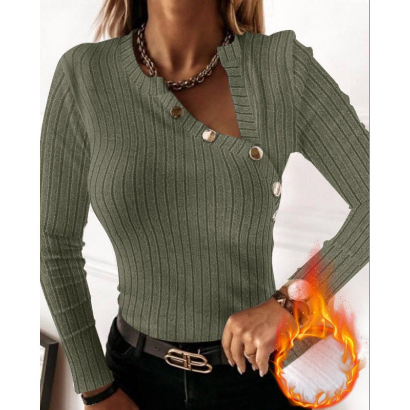 Damen Langarmshirt mit modischem Knopfdetail und Rippstruktur Drune
