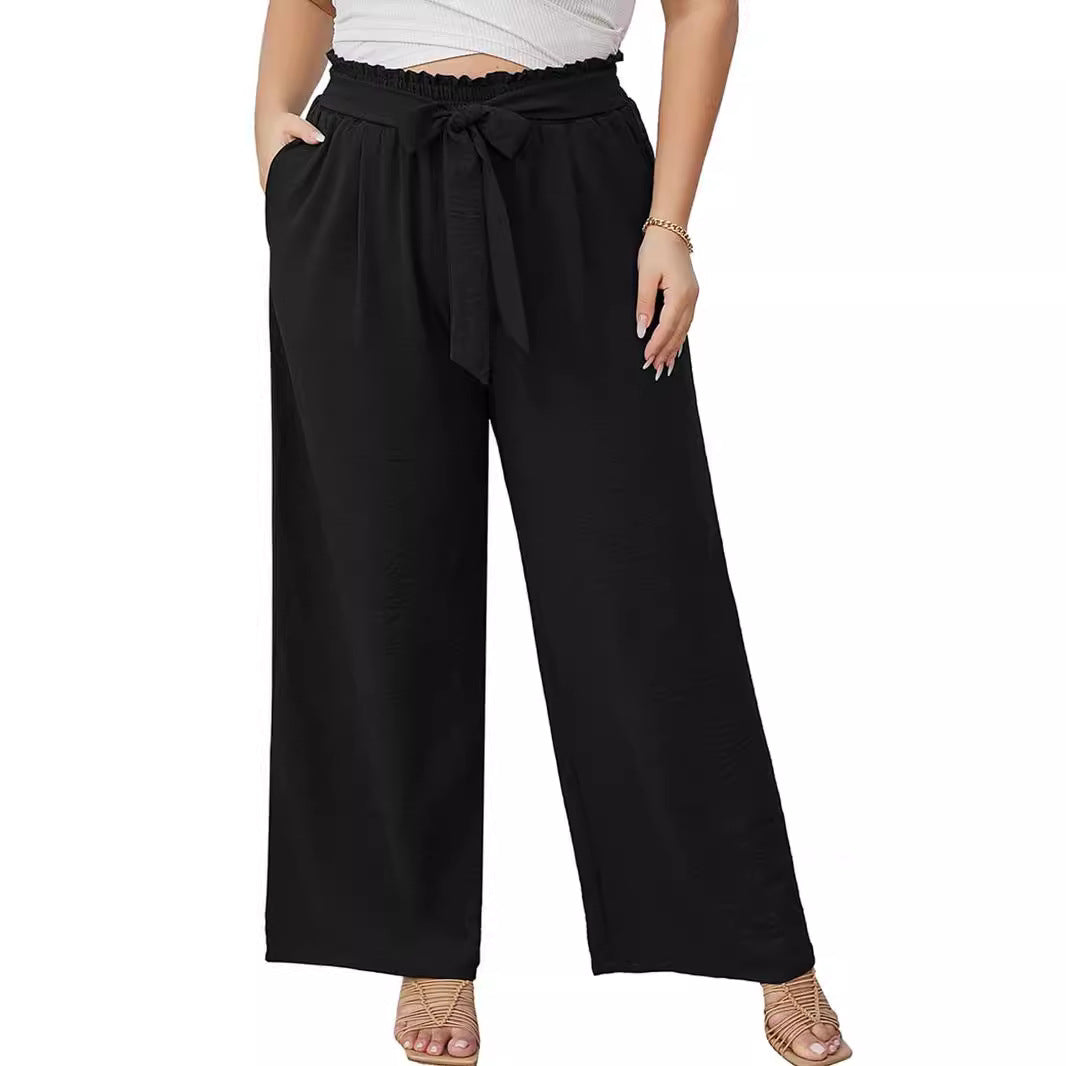 Damen Paperbag-Hose mit weitem Bein, Gummizug, Bindegürtel und Eingrifftaschen Drune