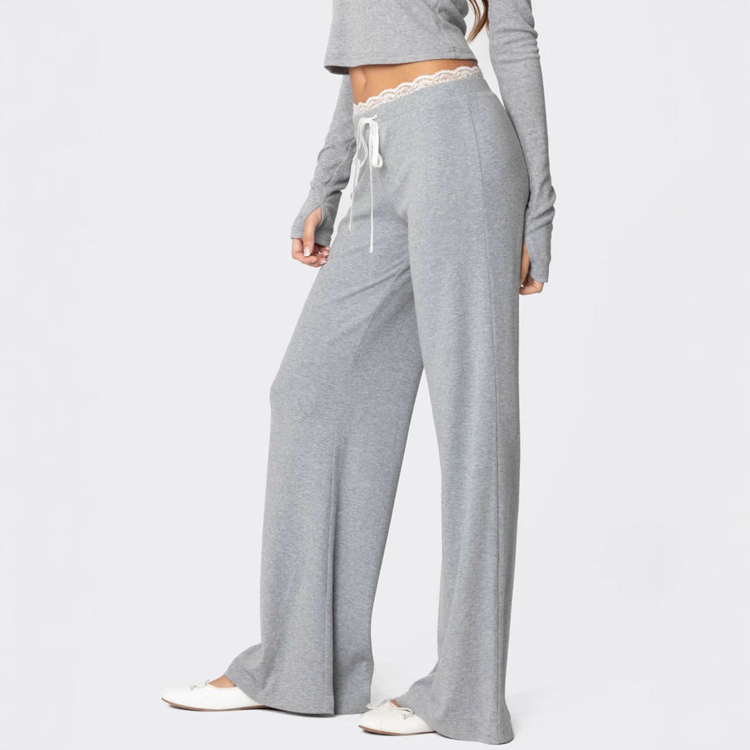 Damen Hellgraue Freizeithose mit elastischem Bund und dekorativem Spitzenabschluss Drune