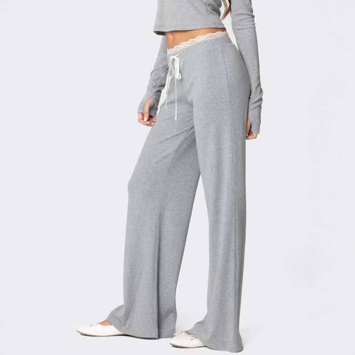 Damen Hellgraue Freizeithose mit elastischem Bund und dekorativem Spitzenabschluss Drune