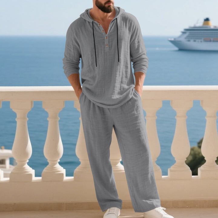 Herren nan lässiges Leinenzweiteiler-Set mit Kapuzenhemd im Henley-Stil und weiten Freizeit-Hosen Drune