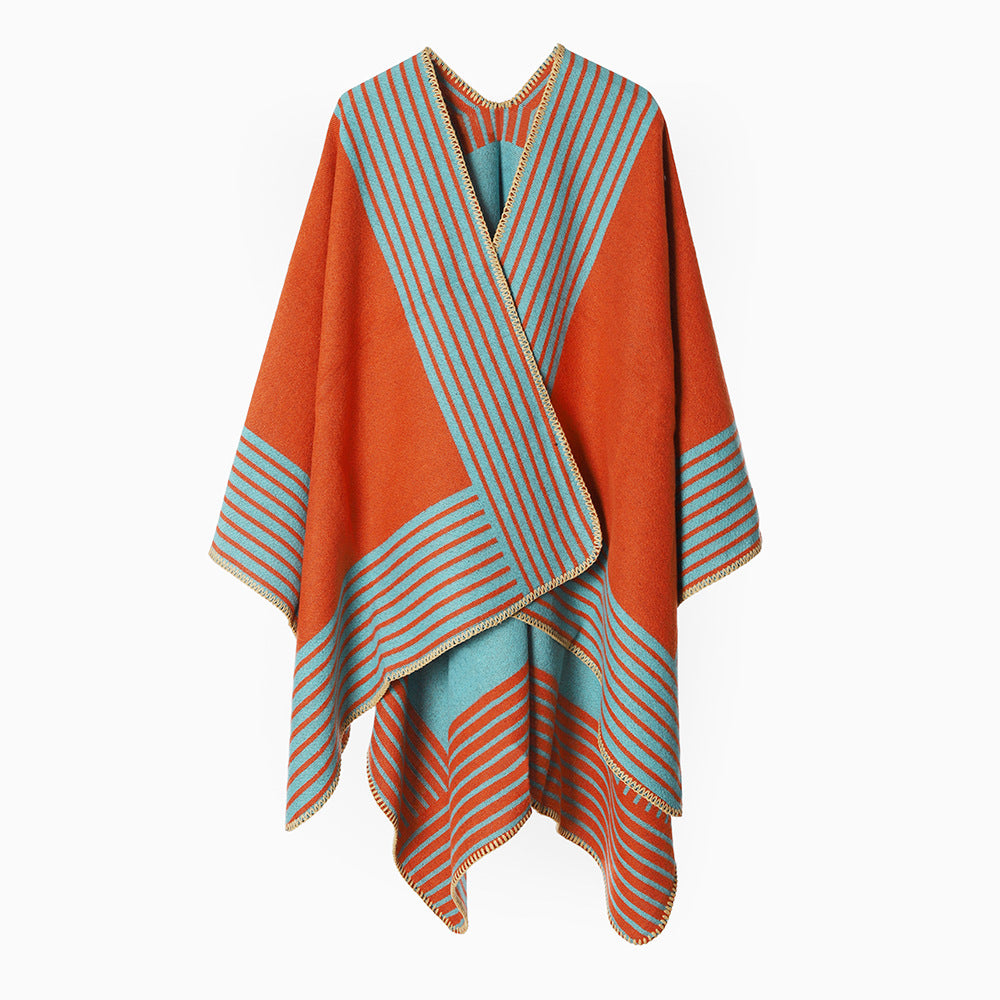 Damen Oversize‑Poncho im Cape‑Stil aus Wollmix mit diagonalen Streifen und Ziernaht Drune